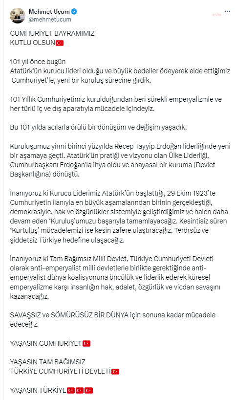 29 Ekim Cumhuriyet Bayramı Mesajı