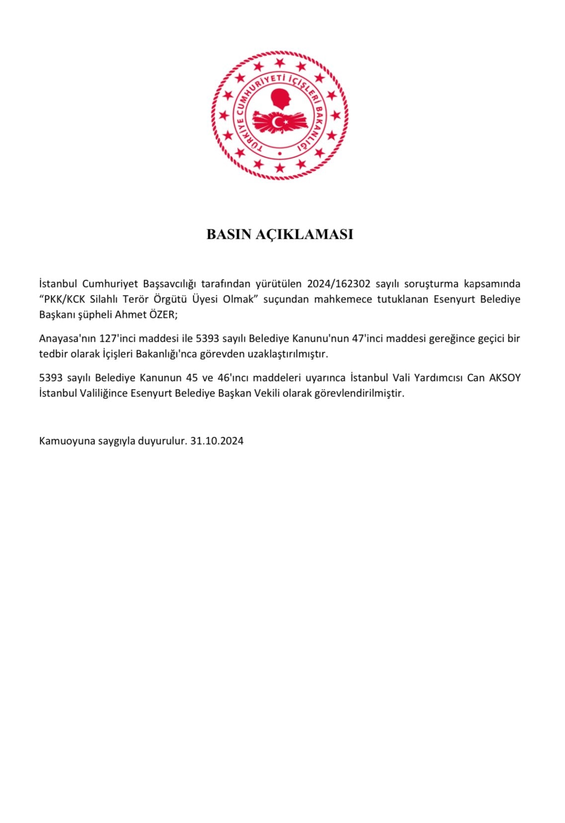 İçişleri Bakanlığı'ndan Önemli Açıklama