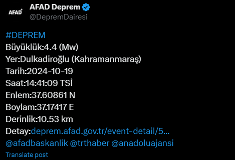 Kahramanmaraş'ta Deprem