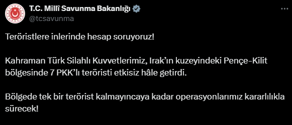 Pençe-Kilit Operasyonunda 7 PKK'lı Terörist Etkisiz Hale Getirildi