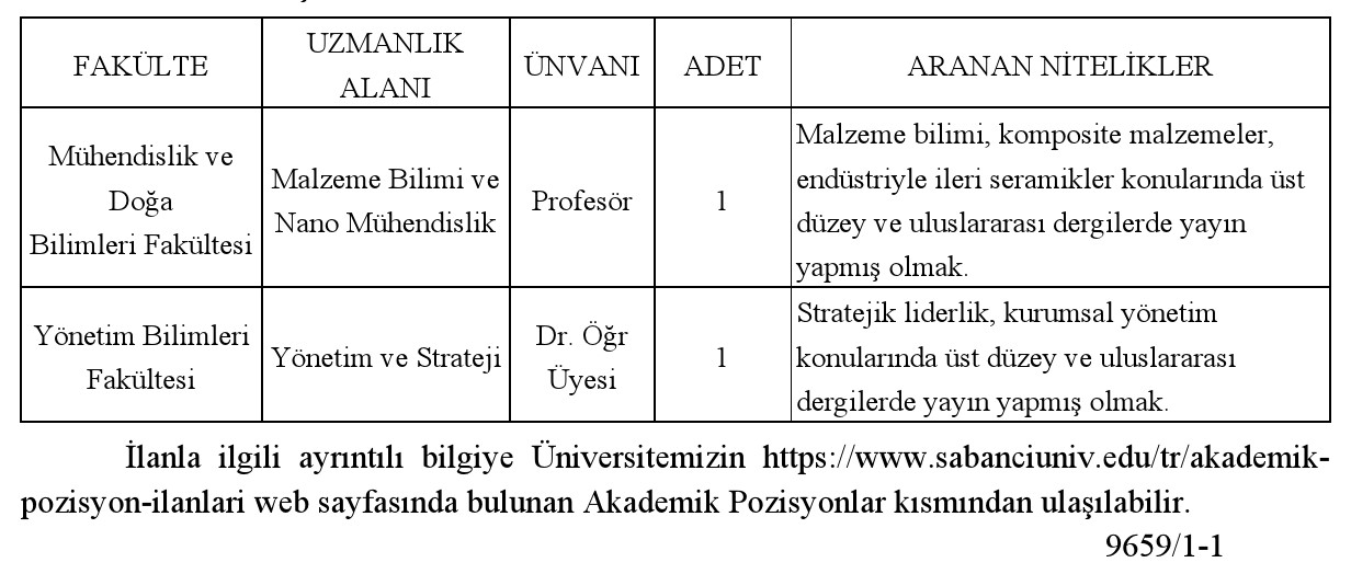 Sabancı Üniversitesi Rektörlüğü Duyurusu