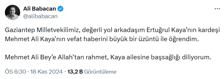 DEVA Partisi Genel Başkan Yardımcısı Ertuğrul Kaya'nın Kardeşi Vefat Etti