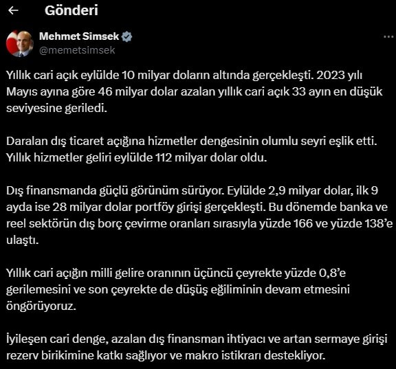 Şimşek'ten Eylül Ayı Ödemeler Dengesi Değerlendirmesi