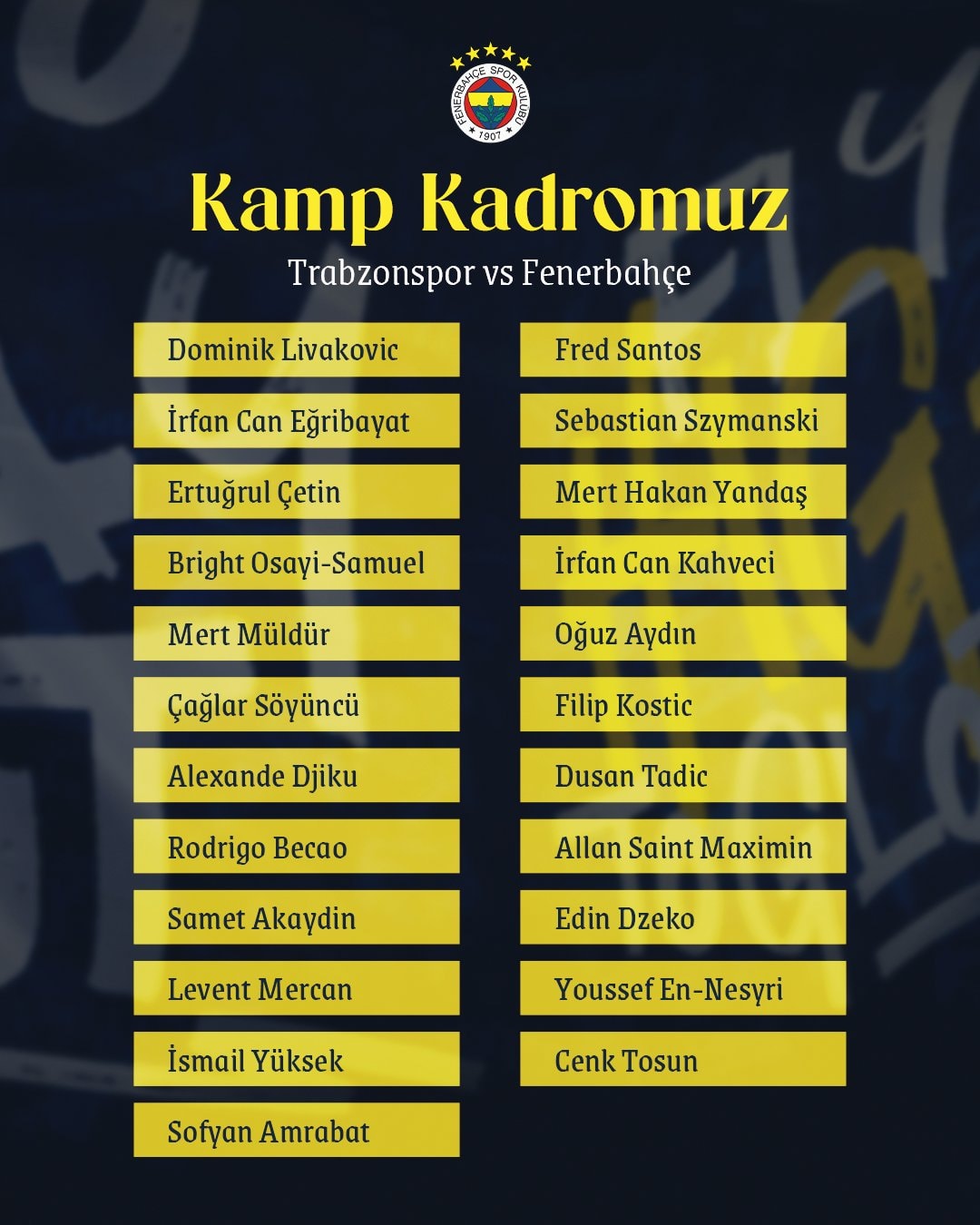 Fenerbahçe'nin Trabzonspor Maçı İçin Kamp Kadrosu Belli Oldu