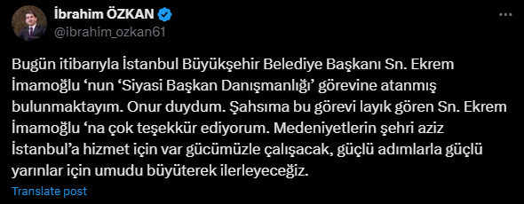 İYİ Partili İbrahim Özkan, Ekrem İmamoğlu'nun Yeni Danışmanı Oldu