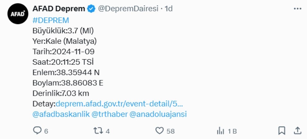 Malatya'nın Kale İlçesinde Deprem