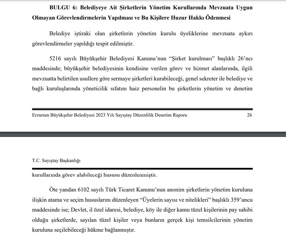 Sayıştay'ın Erzurum Büyükşehir Belediyesi 2023 Yılı Denetim Raporu